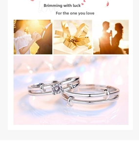 Close-up of silver-toned couple rings with double-layer band and round brilliant-cut stone