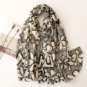 Women Shawl Scarf Printed Abstract Floral Geometric Cotton Linen Feel Polyester Tassels Sun Protection Beach Accessory