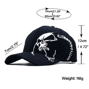 Black baseball cap featuring white skull embroidery and adjustable size measurements