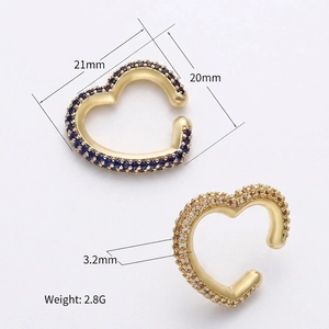 Golden heart ear cuff earrings with sparkling blue and champagne cubic zirconia stones