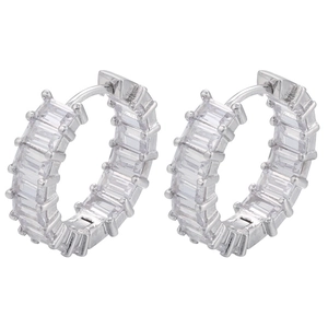 Silver huggie hoop earrings with micro-paved rectangular cubic zirconia stones