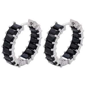 Silver hoops with double-sided micro-pave rectangular black cubic zirconia stones