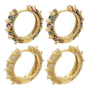 Punk Style Copper Spike Hoop Earrings With Pave Rhinestone Colorful Gold Silver Plated Rivet Ear Clips Fashion Jewelry For Women