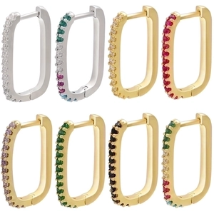 Luxury Rectangular Hoop Earrings Geometric U Shaped Copper Rhinestone Inlaid Earrings For Women Fashion Jewelry Accessories Gold Silver