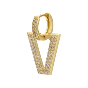 Detailed macro view of V-shaped gold earrings with paved zircon stones on white backdrop