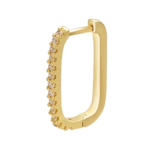 Detail of gold rectangular huggie hoop earrings with micro-pave cubic zirconia crystals