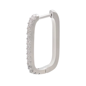 Detailed macro view of rectangular silver hoop earrings with micro-pave crystal inlay