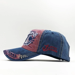 Detail of distressed navy and red baseball cap with shark embroidery and stitched patches