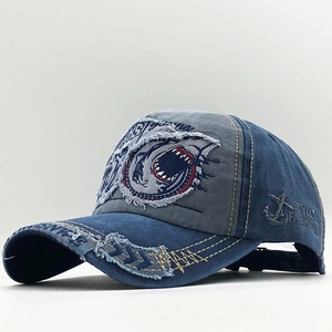Distressed navy blue washed denim baseball cap featuring shark and anchor embroidery