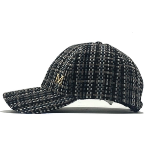 Women's plaid tweed baseball hat with metallic M letter and rhinestone decor