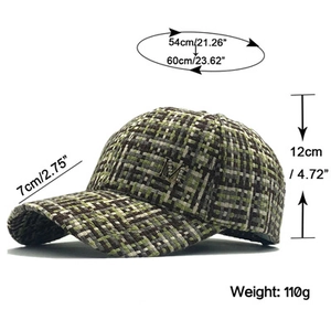 Detail of tweed baseball cap with silver M logo showing size parameters and dimensions