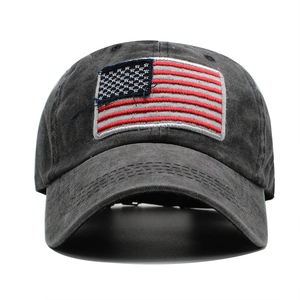 Distressed grey cotton baseball cap featuring an American flag patch in vintage style