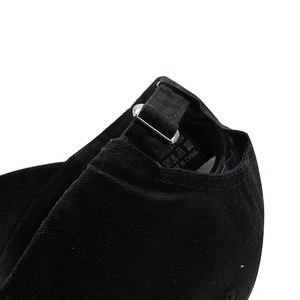 Detail of 100% cotton baseball cap with adjustable metal buckle and inner fabric label