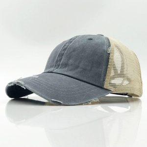 Grey-blue washed cotton baseball cap with breathable mesh and vintage distressed details