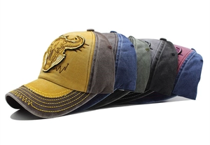 Six colors of vintage washed canvas baseball caps with bull skull embroidery detail