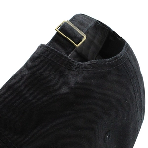 Classic black cotton baseball cap featuring adjustable bronze metal buckle at back