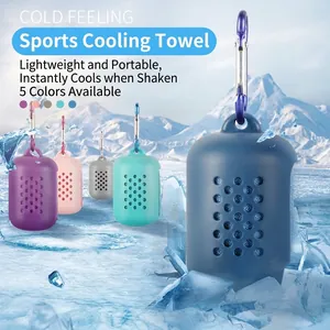 Microfiber cooling towels in silicone cases with carabiner against icy mountain background