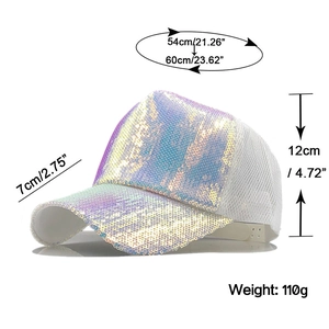 Adjustable baseball cap for women featuring holographic sequins and breathable white mesh