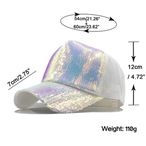 Detail view of colorful sequin baseball cap showing 54-60cm adjustable head size