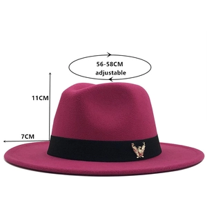 Fuchsia fedora wool hat with black ribbon and gold eagle pin, 56-58cm adjustable size