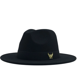 Classic black wide-brim fedora hat with gold eagle badge and ribbed ribbon detail