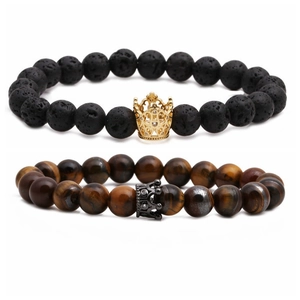 Tiger eye and black volcanic stone beaded bracelets with golden and gun-black crown charms