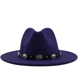 Dark purple wool fedora hat with black leather belt and vintage silver metal buckles