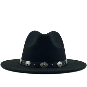 Classic black wide brim wool fedora hat with vintage silver metal studded belt accent