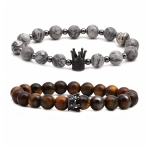 Tiger eye and marble stone beaded crown bracelet set for couples on white background