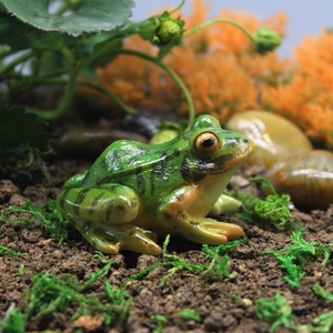 Realistic green resin frog figurine placed in a miniature mossy landscape setting
