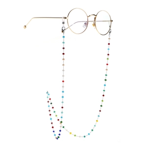 Colorful beaded stainless steel sunglasses chain with anti-slip silicone rings on white background