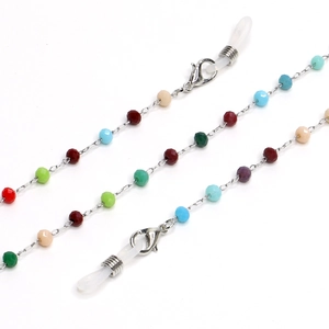 Stainless steel sunglasses chain with colorful crystal beads and anti-slip rubber rings