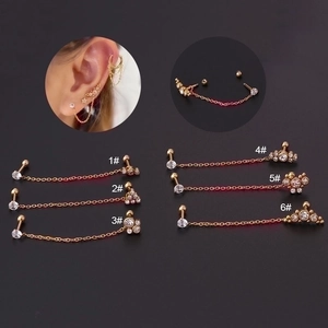 Stainless Steel Double Piercing Earring Chain Cubic Zirconia Cartilage Stud Screw Back Link Body Jewelry For Women