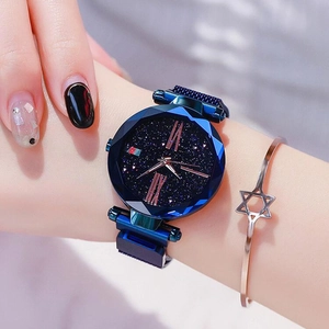 Deep blue starry sky dial ladies watch with magnetic milanese band and roman numerals
