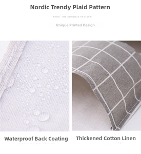 Detail showing waterproof coating and thick cotton linen texture on checkered storage bag