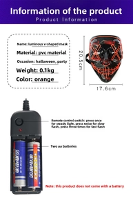 Detail van lichtgevend LED V-masker met oranje draad en batterij-bedieningskastje