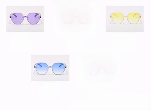 Collection of rimless hexagonal sunglasses in vibrant jelly candy colors and metal arms