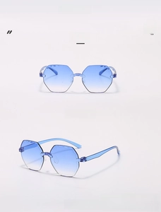 Detail view of rimless gradient blue polygonal sunglasses with translucent blue temples