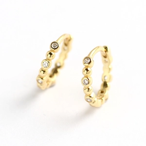 Polished S925 sterling silver gold hoop earrings with beaded pattern and sparkling zircons