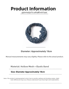 Close-up of 18cm dark blue hollow mesh embroidery headband with elastic band detail
