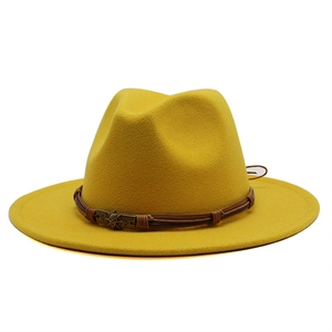 Classic yellow wool felt jazz fedora hat with brown braided belt and skull metal buckle