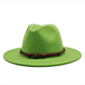 Detail of a bright green wool felt fedora with a contrasting dark brown woven hatband