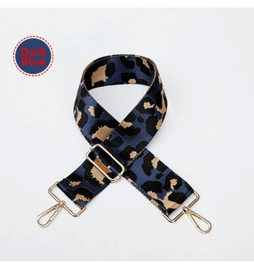 Detail of dark blue leopard print jacquard strap with gold-tone metal buckles