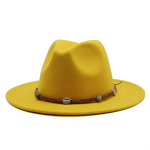 Woolen Felt Fedora Hat Wide Brim Classic Jazz Cap With Braided Band Ethnic Beads Vintage Metal Buckles For Men Women