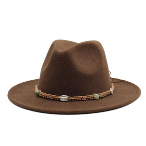 Classic dark brown wool fedora with woven band and vintage ethnic metal accents