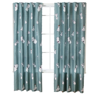 Teal cactus print semi-sheer curtains with scalloped edges for bedroom windows