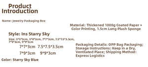 Detailed size specifications for blue star pattern jewelry box with thick paper and sponge