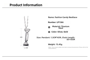 Detailed spec sheet showing a candy-shaped titanium steel pendant with its dimensions