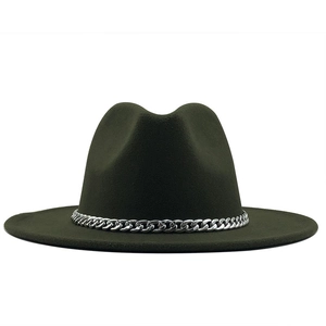 Detail of a dark olive green fedora hat featuring a chunky silver metal chain band