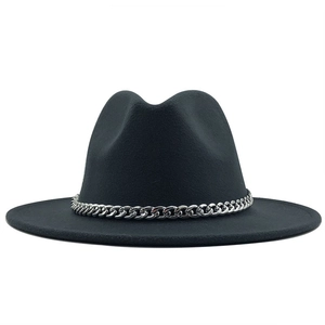 Detail of black wool fedora hat featuring a chunky silver metal chain band decoration
